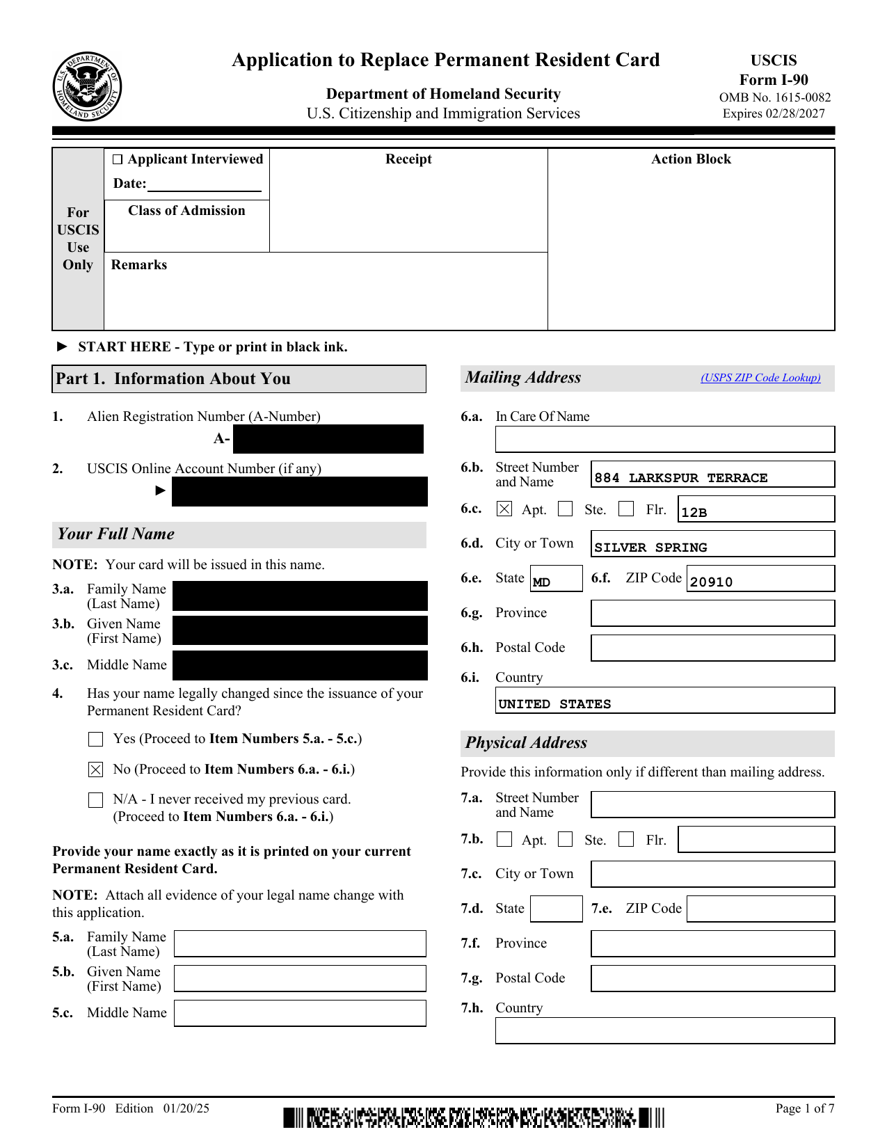 A redacted example of a completed Form I-90 generated by incola